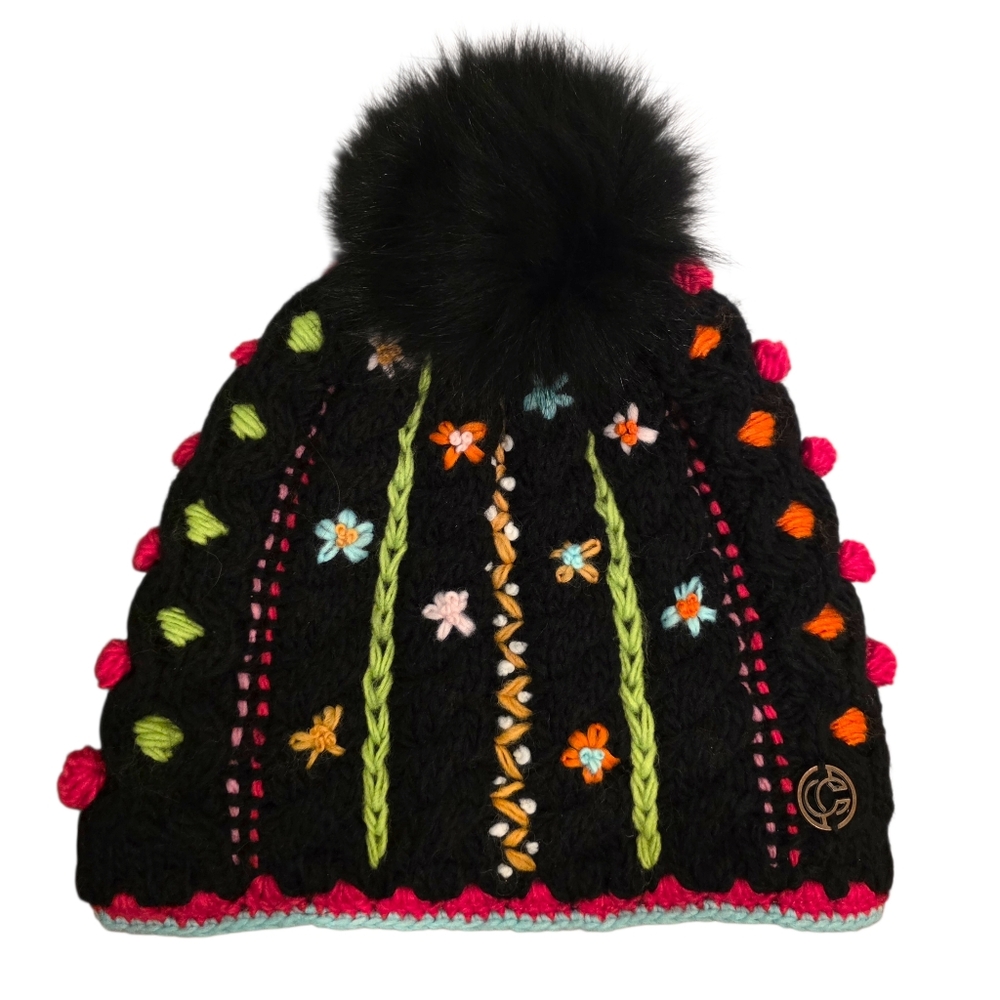 Chaos Colourful Embroidered Floral Pom Pom Fleece Lined‎ Winter Hat Black